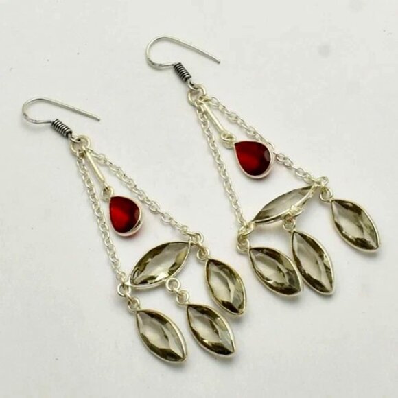 Gorgeous Green Amethyst Garnet Gemstone Sterling Silver Drop Dangle Earrings - Picture 1 of 1